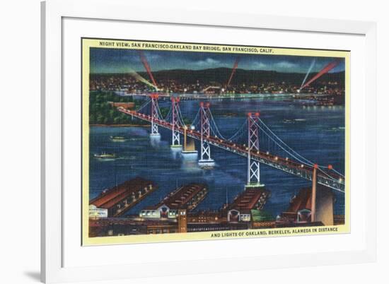 San Francisco, California - Aerial View of Bay Bridge at Night-Lantern Press-Framed Art Print