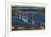 San Francisco, California - Aerial View of Bay Bridge at Night-Lantern Press-Framed Art Print