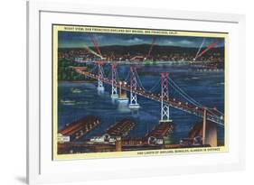 San Francisco, California - Aerial View of Bay Bridge at Night-Lantern Press-Framed Art Print