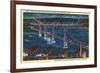 San Francisco, California - Aerial View of Bay Bridge at Night-Lantern Press-Framed Art Print