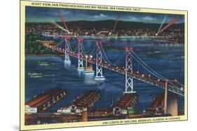 San Francisco, California - Aerial View of Bay Bridge at Night-Lantern Press-Mounted Art Print