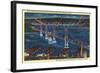 San Francisco, California - Aerial View of Bay Bridge at Night-Lantern Press-Framed Art Print