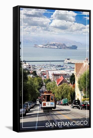 San Francisco, California - Cable Car and Alcatraz Island-Lantern Press-Framed Stretched Canvas