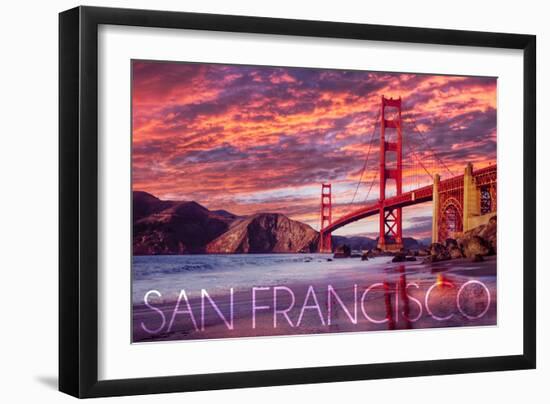 San Francisco, California - Golden Gate Bridge and Sunset-Lantern Press-Framed Art Print