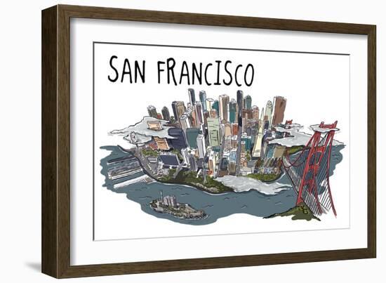 San Francisco, California - Line Drawing-Lantern Press-Framed Art Print