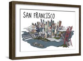 San Francisco, California - Line Drawing-Lantern Press-Framed Art Print