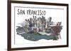 San Francisco, California - Line Drawing-Lantern Press-Framed Art Print