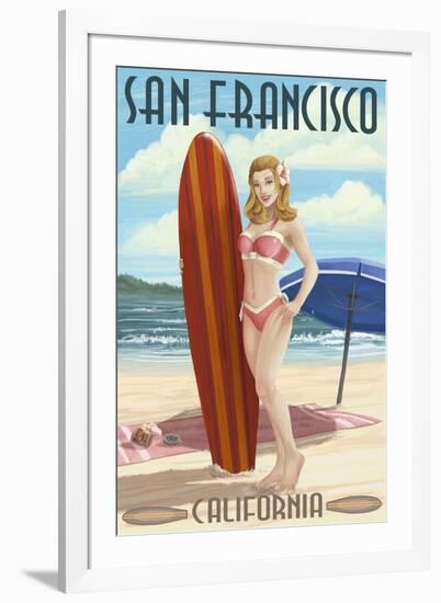 San Francisco, California - Pinup Girl Surfing-Lantern Press-Framed Art Print