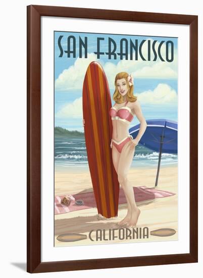 San Francisco, California - Pinup Girl Surfing-Lantern Press-Framed Art Print