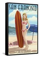 San Francisco, California - Pinup Girl Surfing-Lantern Press-Framed Stretched Canvas