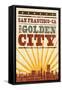 San Francisco, California - Skyline and Sunburst Screenprint Style-Lantern Press-Framed Stretched Canvas