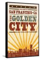 San Francisco, California - Skyline and Sunburst Screenprint Style-Lantern Press-Framed Stretched Canvas