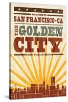 San Francisco, California - Skyline and Sunburst Screenprint Style-Lantern Press-Stretched Canvas