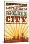 San Francisco, California - Skyline and Sunburst Screenprint Style-Lantern Press-Stretched Canvas