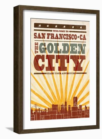 San Francisco, California - Skyline and Sunburst Screenprint Style-Lantern Press-Framed Art Print