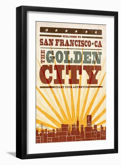 San Francisco, California - Skyline and Sunburst Screenprint Style-Lantern Press-Framed Art Print