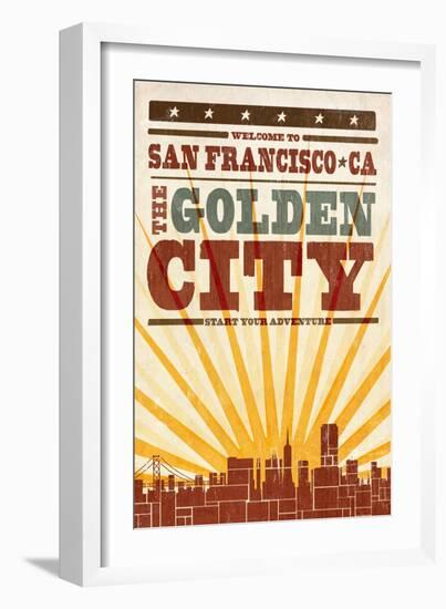 San Francisco, California - Skyline and Sunburst Screenprint Style-Lantern Press-Framed Art Print