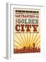 San Francisco, California - Skyline and Sunburst Screenprint Style-Lantern Press-Framed Art Print