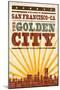 San Francisco, California - Skyline and Sunburst Screenprint Style-Lantern Press-Mounted Art Print