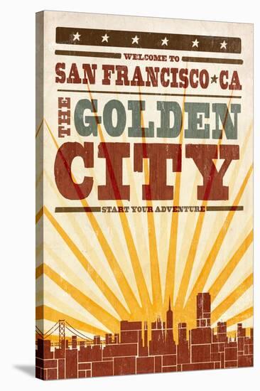 San Francisco, California - Skyline and Sunburst Screenprint Style-Lantern Press-Stretched Canvas