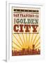 San Francisco, California - Skyline and Sunburst Screenprint Style-Lantern Press-Framed Art Print