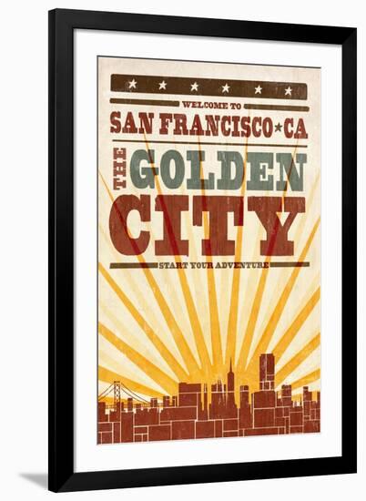 San Francisco, California - Skyline and Sunburst Screenprint Style-Lantern Press-Framed Art Print