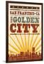 San Francisco, California - Skyline and Sunburst Screenprint Style-Lantern Press-Framed Art Print