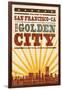 San Francisco, California - Skyline and Sunburst Screenprint Style-Lantern Press-Framed Art Print