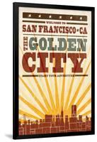 San Francisco, California - Skyline and Sunburst Screenprint Style-Lantern Press-Framed Art Print