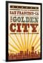 San Francisco, California - Skyline and Sunburst Screenprint Style-Lantern Press-Framed Art Print