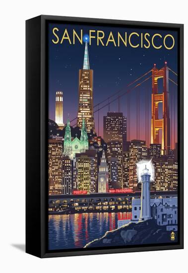 San Francisco, California Skyline at Night-Lantern Press-Framed Stretched Canvas