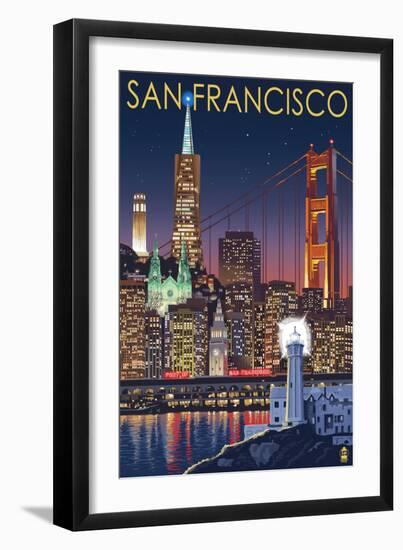 San Francisco, California Skyline at Night-Lantern Press-Framed Art Print