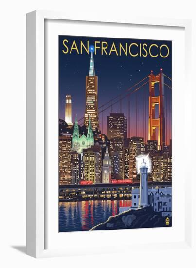 San Francisco, California Skyline at Night-Lantern Press-Framed Art Print