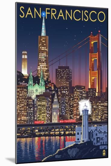 San Francisco, California Skyline at Night-Lantern Press-Mounted Art Print