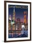 San Francisco, California Skyline at Night-Lantern Press-Framed Art Print