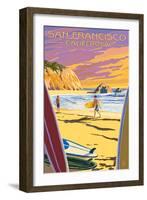 San Francisco, California - Surfers at Sunset-Lantern Press-Framed Art Print