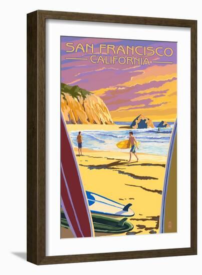 San Francisco, California - Surfers at Sunset-Lantern Press-Framed Art Print