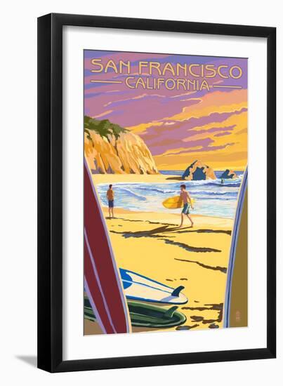 San Francisco, California - Surfers at Sunset-Lantern Press-Framed Art Print