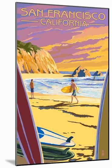 San Francisco, California - Surfers at Sunset-Lantern Press-Mounted Art Print