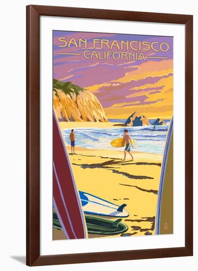 San Francisco, California - Surfers at Sunset-Lantern Press-Framed Art Print