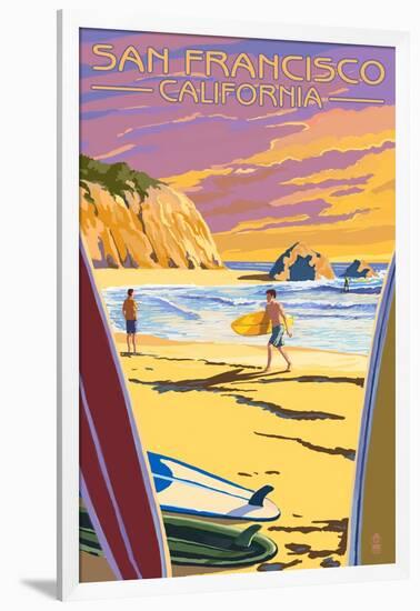 San Francisco, California - Surfers at Sunset-Lantern Press-Framed Art Print