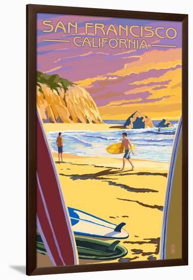 San Francisco, California - Surfers at Sunset-Lantern Press-Framed Art Print