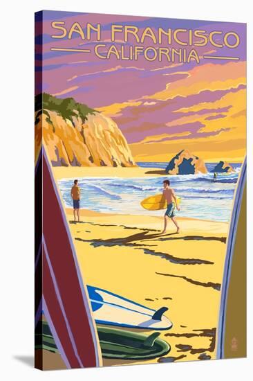 San Francisco, California - Surfers at Sunset-Lantern Press-Stretched Canvas