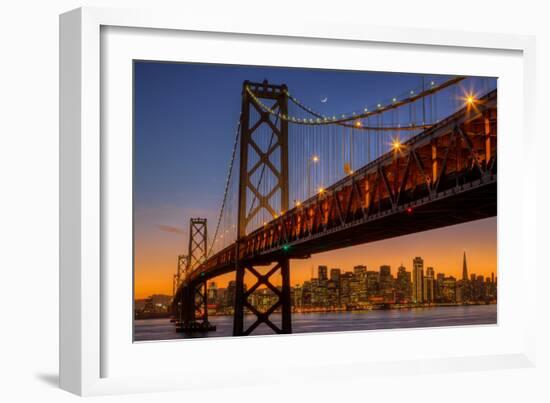 San Francisco Cityscape, Bay Bridge and Crescent Moon-Vincent James-Framed Photographic Print