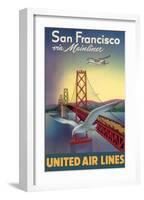 San Francisco via Mainliner - United Air Lines - San Francisco–Oakland Bay Bridge-William Lawson-Framed Art Print