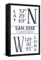 San Jose, California - Latitude and Longitude (Blue)-Lantern Press-Framed Stretched Canvas