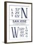 San Jose, California - Latitude and Longitude (Blue)-Lantern Press-Framed Art Print