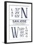 San Jose, California - Latitude and Longitude (Blue)-Lantern Press-Framed Art Print