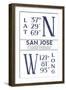 San Jose, California - Latitude and Longitude (Blue)-Lantern Press-Framed Art Print