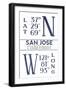 San Jose, California - Latitude and Longitude (Blue)-Lantern Press-Framed Art Print